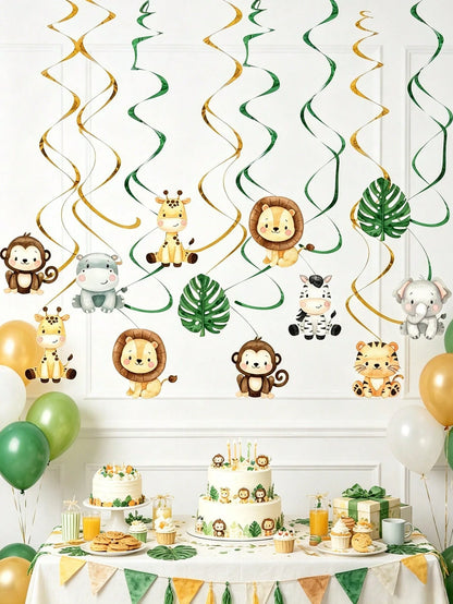 12pcs Jungle Animal Hanging Paper Spiral Decorations, Jungle Animal Theme Baby Shower Party Hanging Decor, Jungle Adventure Party Backdrop, Photo Props, Wild One Birthday Party Decor, Baby Shower Deco