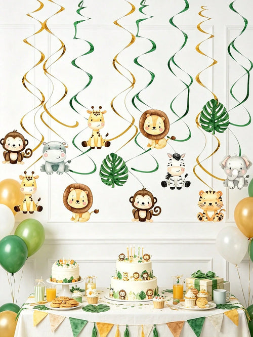12pcs Jungle Animal Hanging Paper Spiral Decorations, Jungle Animal Theme Baby Shower Party Hanging Decor, Jungle Adventure Party Backdrop, Photo Props, Wild One Birthday Party Decor, Baby Shower Deco