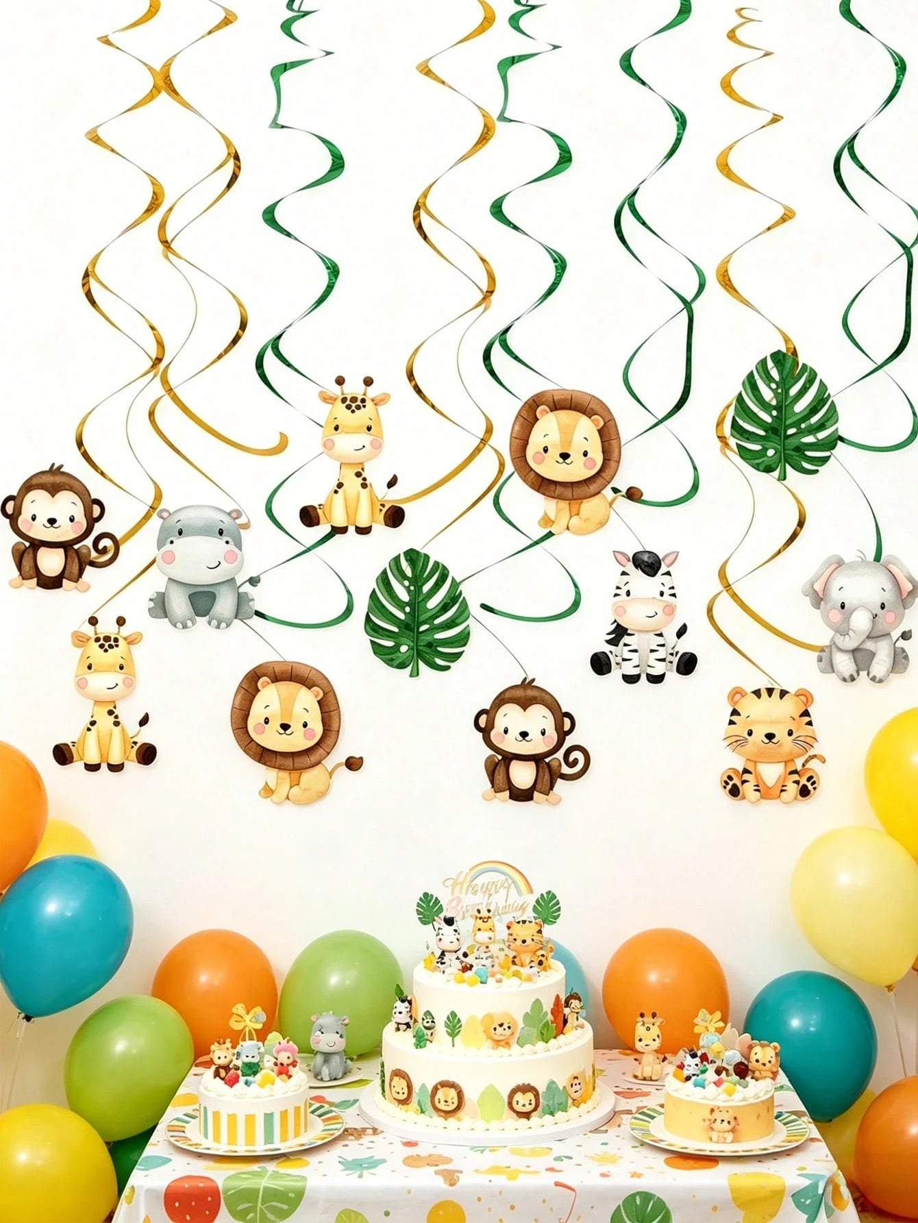 12pcs Jungle Animal Hanging Paper Spiral Decorations, Jungle Animal Theme Baby Shower Party Hanging Decor, Jungle Adventure Party Backdrop, Photo Props, Wild One Birthday Party Decor, Baby Shower Deco