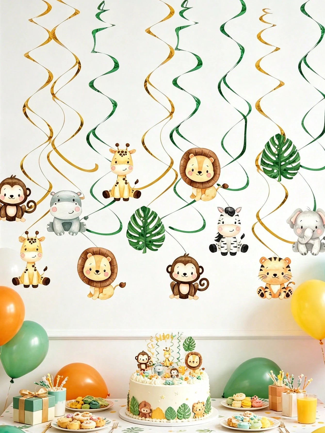 12pcs Jungle Animal Hanging Paper Spiral Decorations, Jungle Animal Theme Baby Shower Party Hanging Decor, Jungle Adventure Party Backdrop, Photo Props, Wild One Birthday Party Decor, Baby Shower Deco