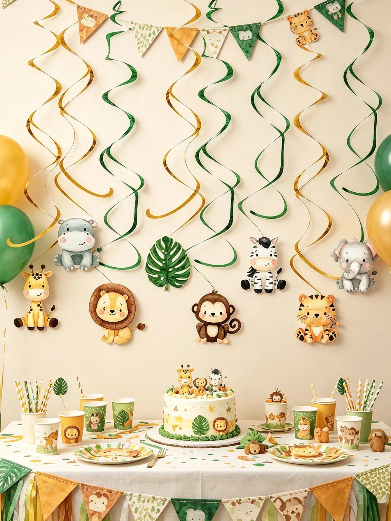 12pcs Jungle Animal Hanging Paper Spiral Decorations, Jungle Animal Theme Baby Shower Party Hanging Decor, Jungle Adventure Party Backdrop, Photo Props, Wild One Birthday Party Decor, Baby Shower Deco