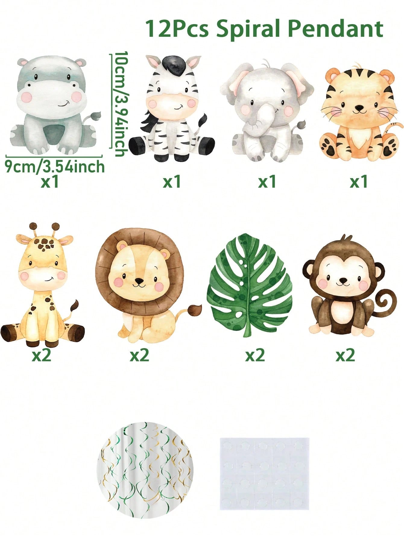 12pcs Jungle Animal Hanging Paper Spiral Decorations, Jungle Animal Theme Baby Shower Party Hanging Decor, Jungle Adventure Party Backdrop, Photo Props, Wild One Birthday Party Decor, Baby Shower Deco