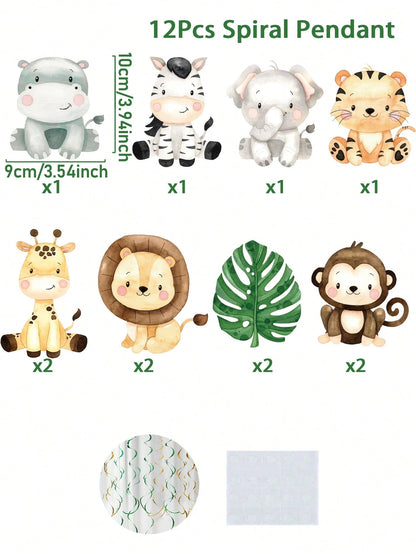 12pcs Jungle Animal Hanging Paper Spiral Decorations, Jungle Animal Theme Baby Shower Party Hanging Decor, Jungle Adventure Party Backdrop, Photo Props, Wild One Birthday Party Decor, Baby Shower Deco