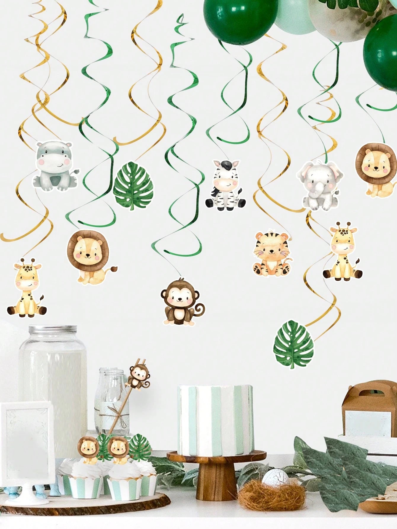 12pcs Jungle Animal Hanging Paper Spiral Decorations, Jungle Animal Theme Baby Shower Party Hanging Decor, Jungle Adventure Party Backdrop, Photo Props, Wild One Birthday Party Decor, Baby Shower Deco