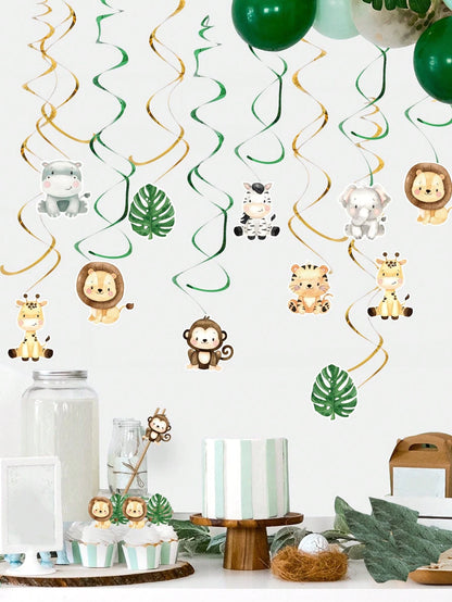 12pcs Jungle Animal Hanging Paper Spiral Decorations, Jungle Animal Theme Baby Shower Party Hanging Decor, Jungle Adventure Party Backdrop, Photo Props, Wild One Birthday Party Decor, Baby Shower Deco