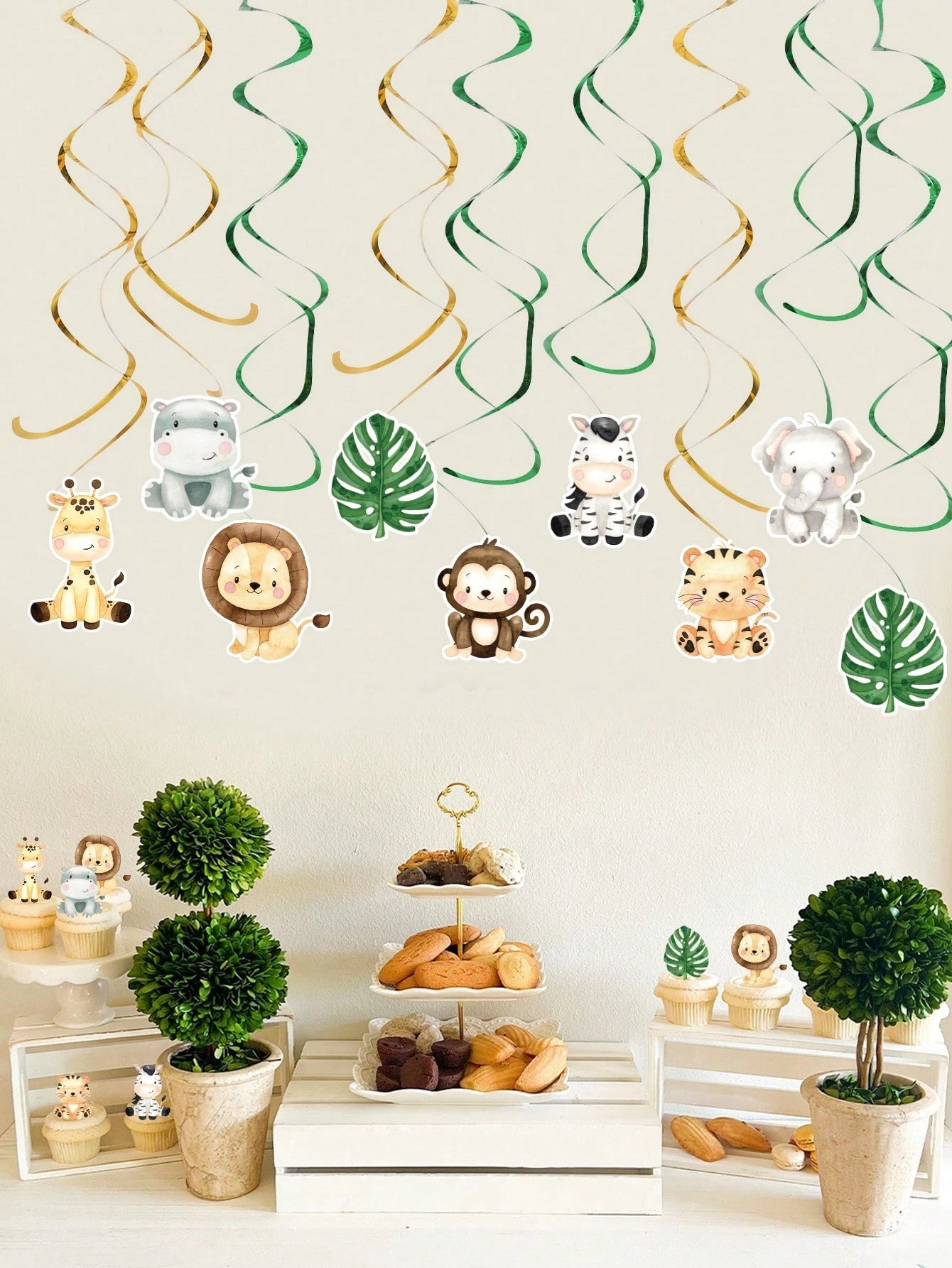 12pcs Jungle Animal Hanging Paper Spiral Decorations, Jungle Animal Theme Baby Shower Party Hanging Decor, Jungle Adventure Party Backdrop, Photo Props, Wild One Birthday Party Decor, Baby Shower Deco