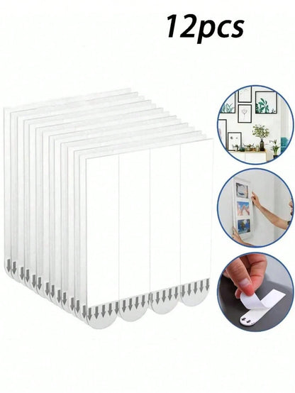 12pcs No-Drill Self-Adhesive Tape Strips, Picture Frame Fixing Poster Wall Hook Decoration Fixing Double-Sided Tape, No Damage Self-Adhesive Tape For Picture Frame, No-Drill Self-Adhesive Tape For Wal