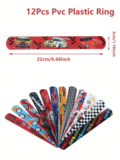 12pcs Racing Theme Plastic Slap Bracelets, Racing Slap Bracelets, Birthday Wedding Decoration, Baby Boy Shower Supplies, Gender Reveal Party Supplies, Racing Theme Birthday Party Decoration, 1st Birth