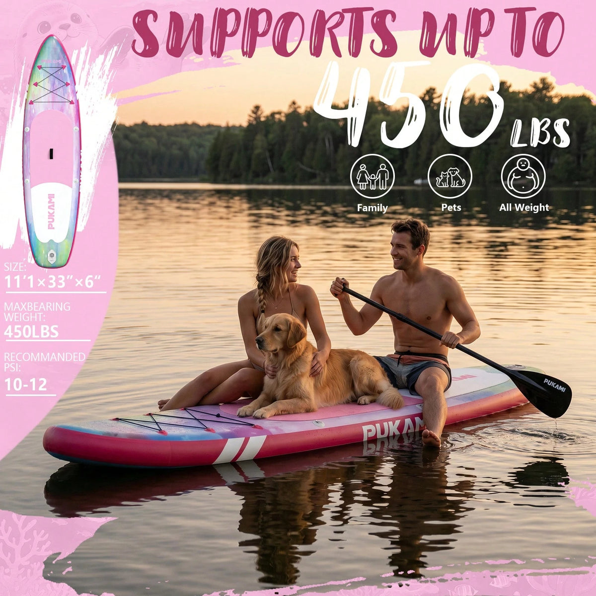 133" Inflatable Paddle Board With 450LBS Ultra-High Weight Capacity, Vacation Style Surfboard With Carry Bag\Fin\Hand Pump\Leash\Repair Kit For Travel\Fishing\Surfing\Padding