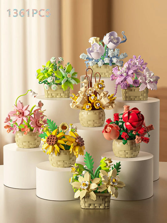 1361PCS Simulation Eternal Flower Building Blocks Flower Basket Rose/Sunflower/Tulip/Lily Of The Valley/Lily/Gardenia Creative DIY 3D Assembly Puzzle Bonsai Succulent Plant Decoration Birthday Gift Ha