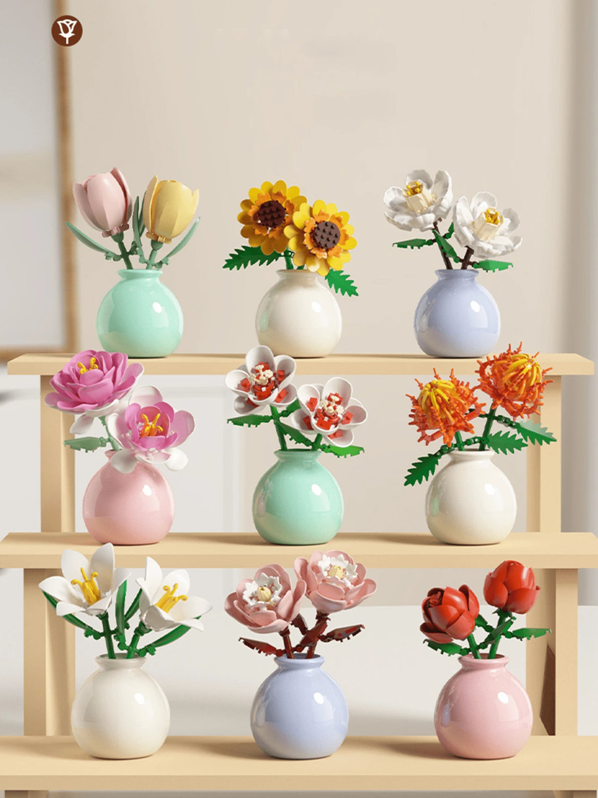 1361PCS Simulation Eternal Flower Building Blocks Flower Basket Rose/Sunflower/Tulip/Lily Of The Valley/Lily/Gardenia Creative DIY 3D Assembly Puzzle Bonsai Succulent Plant Decoration Birthday Gift Ha