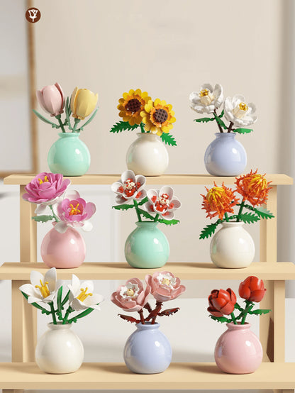 1361PCS Simulation Eternal Flower Building Blocks Flower Basket Rose/Sunflower/Tulip/Lily Of The Valley/Lily/Gardenia Creative DIY 3D Assembly Puzzle Bonsai Succulent Plant Decoration Birthday Gift Ha