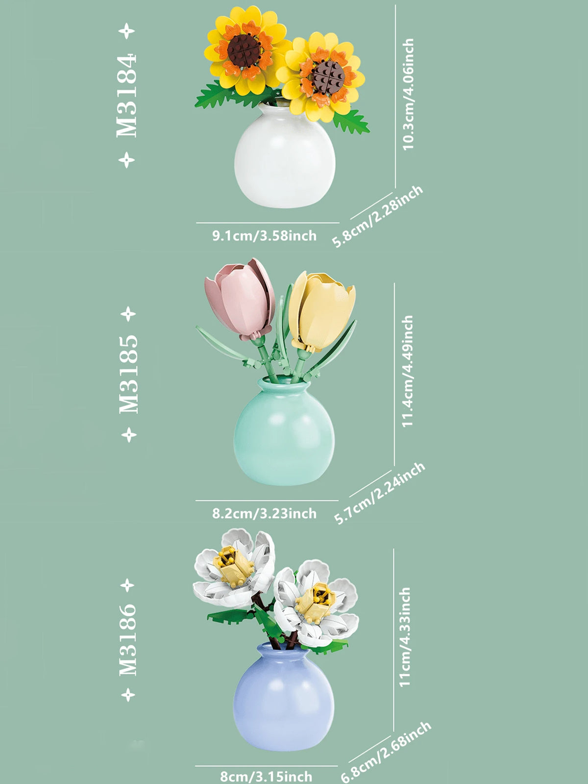 1361PCS Simulation Eternal Flower Building Blocks Flower Basket Rose/Sunflower/Tulip/Lily Of The Valley/Lily/Gardenia Creative DIY 3D Assembly Puzzle Bonsai Succulent Plant Decoration Birthday Gift Ha