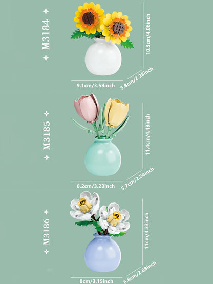1361PCS Simulation Eternal Flower Building Blocks Flower Basket Rose/Sunflower/Tulip/Lily Of The Valley/Lily/Gardenia Creative DIY 3D Assembly Puzzle Bonsai Succulent Plant Decoration Birthday Gift Ha