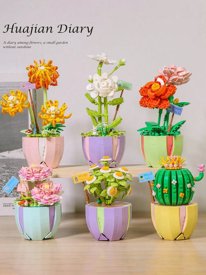 1361PCS Simulation Eternal Flower Building Blocks Flower Basket Rose/Sunflower/Tulip/Lily Of The Valley/Lily/Gardenia Creative DIY 3D Assembly Puzzle Bonsai Succulent Plant Decoration Birthday Gift Ha