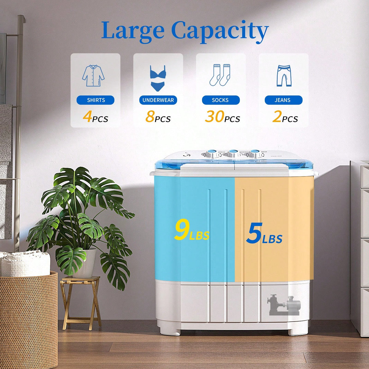 14 Lbs Portable Washing Machine, Portable Washer For Apartment With 9 Lbs Washer, 5 Lbs Spinner, Mini Compact Top Load Washing Machine For RV Dorm Small Space