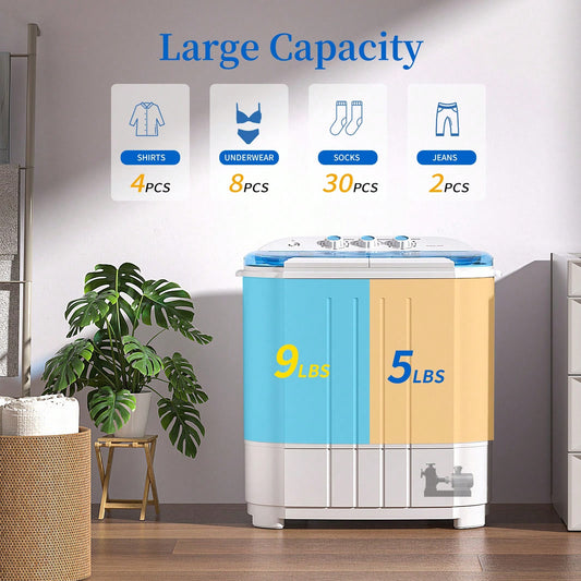 14 Lbs Portable Washing Machine, Portable Washer For Apartment With 9 Lbs Washer, 5 Lbs Spinner, Mini Compact Top Load Washing Machine For RV Dorm Small Space