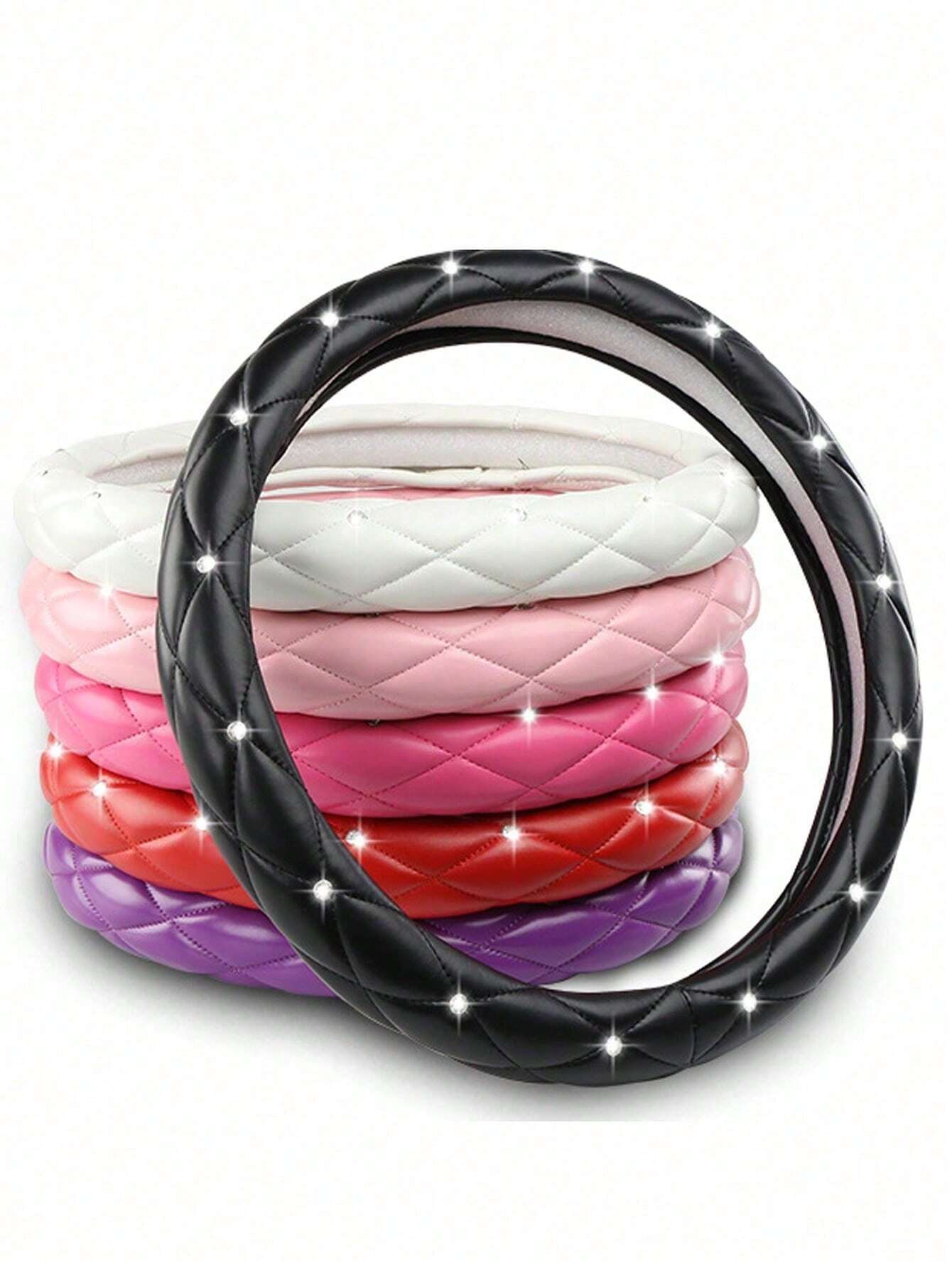 15-Inch Diamond Faux Leather Steering Wheel Cover- Black & White