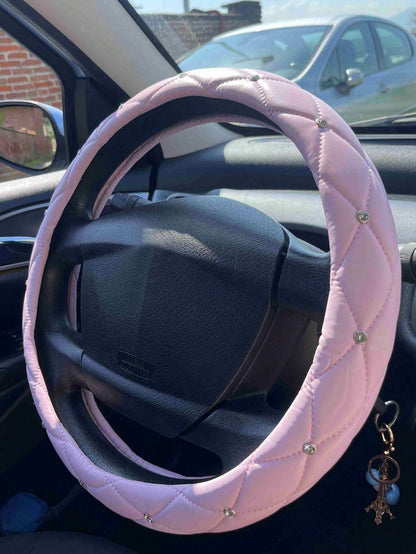 15-Inch Diamond Faux Leather Steering Wheel Cover- Black & White