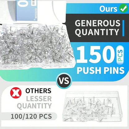 150pcs Clear Push Pins- Heavy Duty Plastic Head Thumb Tacks For Bulletin Boards, Cork Boards, Office & School Use