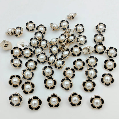 15pcs/1.7cm Fashion Personalized Minimalist Round Plastic Luxury Buttons Faux Pearl Flower Buttons European And American Style High-End Vintage Black Gold Buttons Handmade Sewing High-Quality Versatil