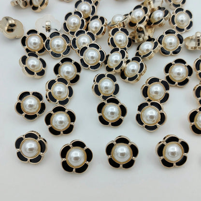 15pcs/1.7cm Fashion Personalized Minimalist Round Plastic Luxury Buttons Faux Pearl Flower Buttons European And American Style High-End Vintage Black Gold Buttons Handmade Sewing High-Quality Versatil