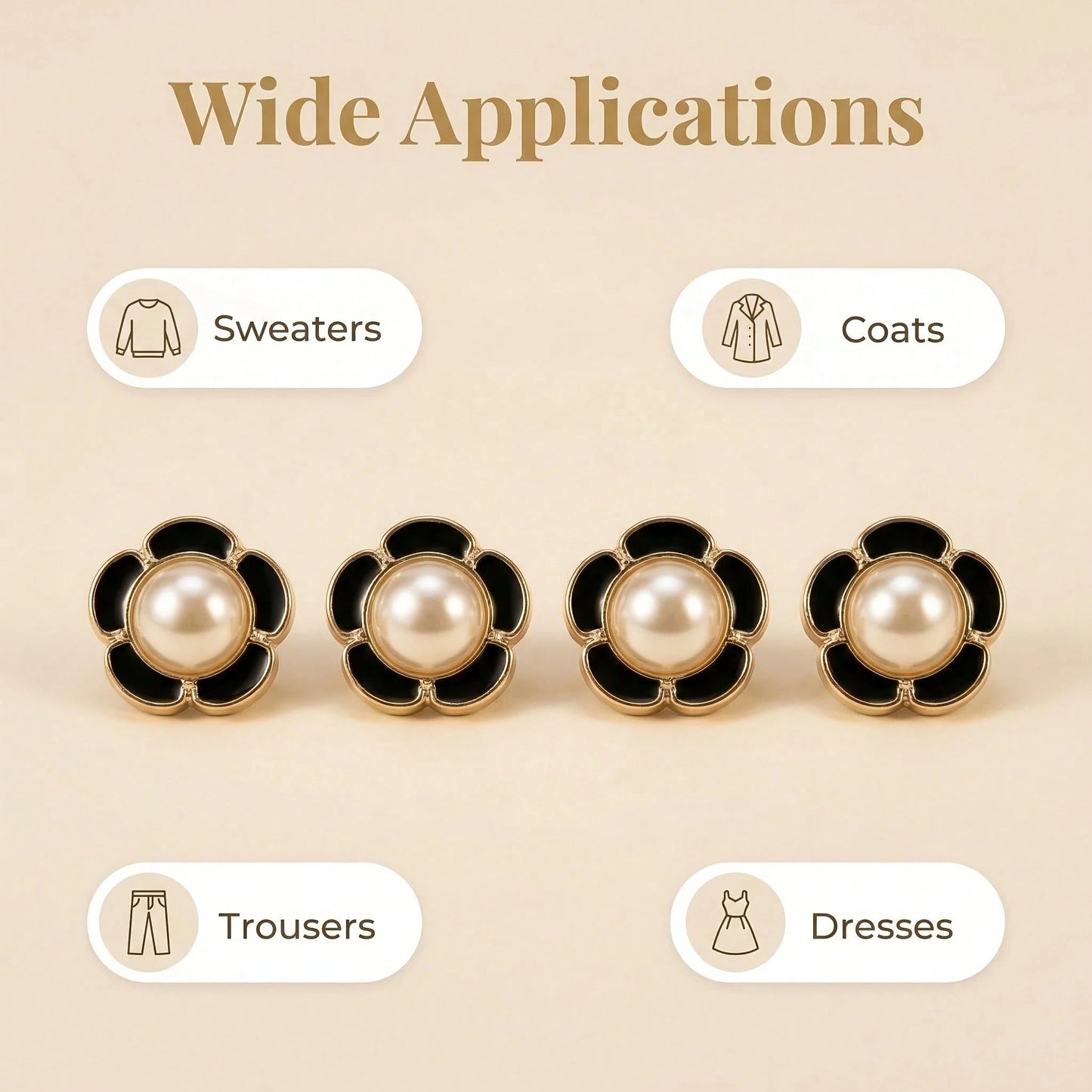 15pcs/1.7cm Fashion Personalized Minimalist Round Plastic Luxury Buttons Faux Pearl Flower Buttons European And American Style High-End Vintage Black Gold Buttons Handmade Sewing High-Quality Versatil