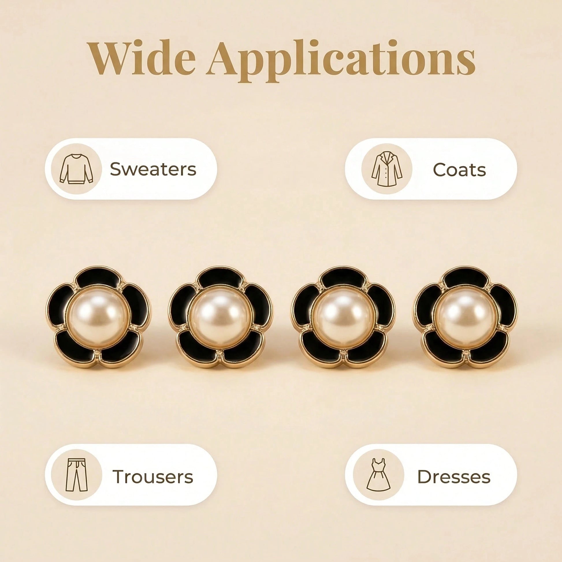 15pcs/1.7cm Fashion Personalized Minimalist Round Plastic Luxury Buttons Faux Pearl Flower Buttons European And American Style High-End Vintage Black Gold Buttons Handmade Sewing High-Quality Versatil