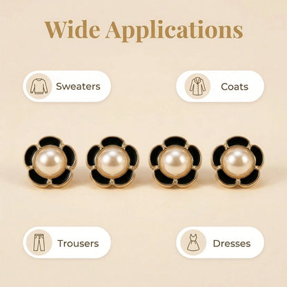 15pcs/1.7cm Fashion Personalized Minimalist Round Plastic Luxury Buttons Faux Pearl Flower Buttons European And American Style High-End Vintage Black Gold Buttons Handmade Sewing High-Quality Versatil