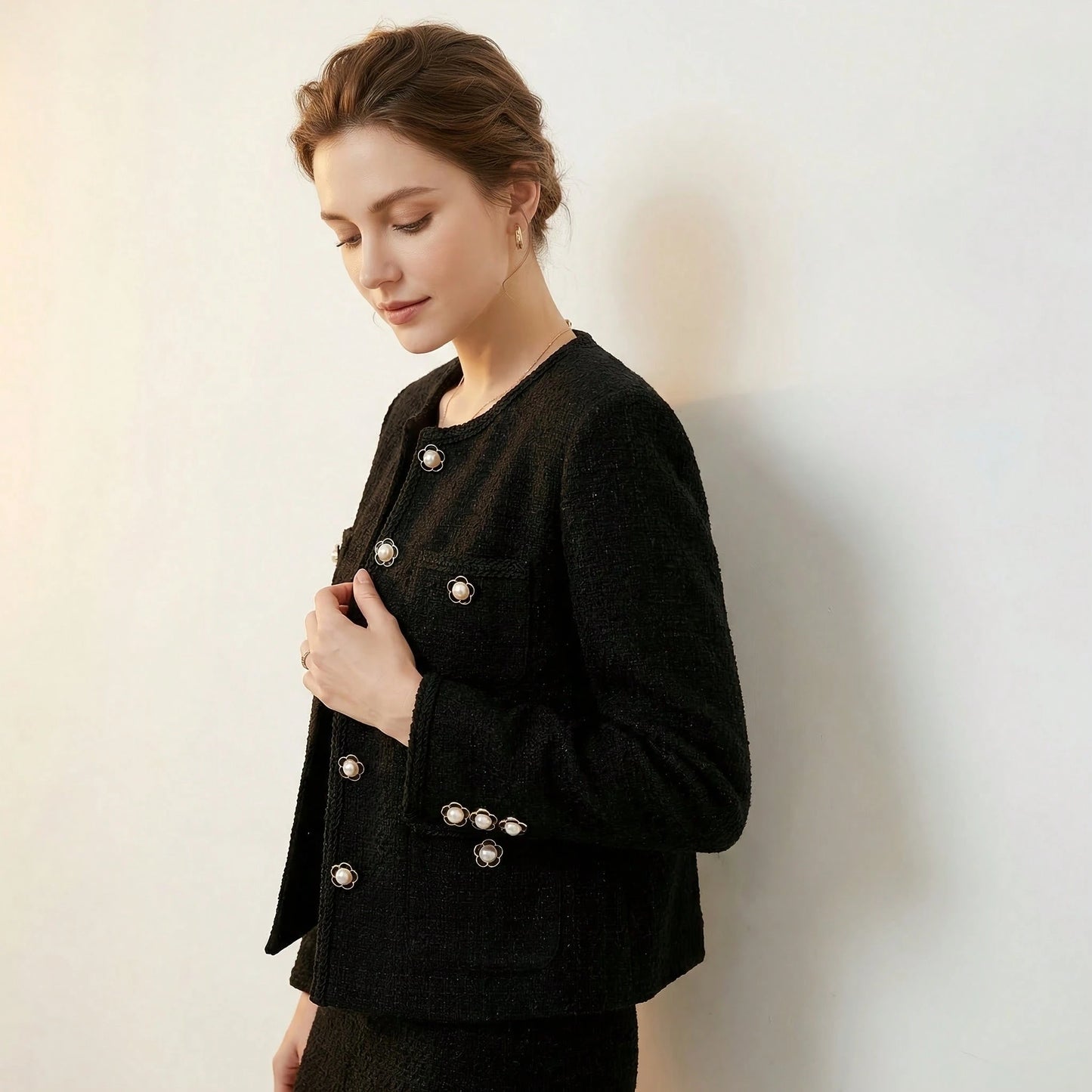 15pcs/1.7cm Fashion Personalized Minimalist Round Plastic Luxury Buttons Faux Pearl Flower Buttons European And American Style High-End Vintage Black Gold Buttons Handmade Sewing High-Quality Versatil