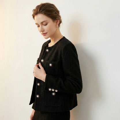 15pcs/1.7cm Fashion Personalized Minimalist Round Plastic Luxury Buttons Faux Pearl Flower Buttons European And American Style High-End Vintage Black Gold Buttons Handmade Sewing High-Quality Versatil