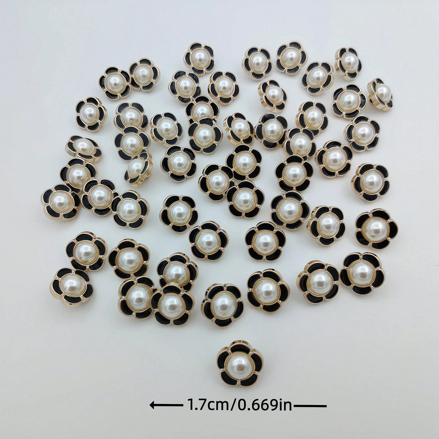 15pcs/1.7cm Fashion Personalized Minimalist Round Plastic Luxury Buttons Faux Pearl Flower Buttons European And American Style High-End Vintage Black Gold Buttons Handmade Sewing High-Quality Versatil