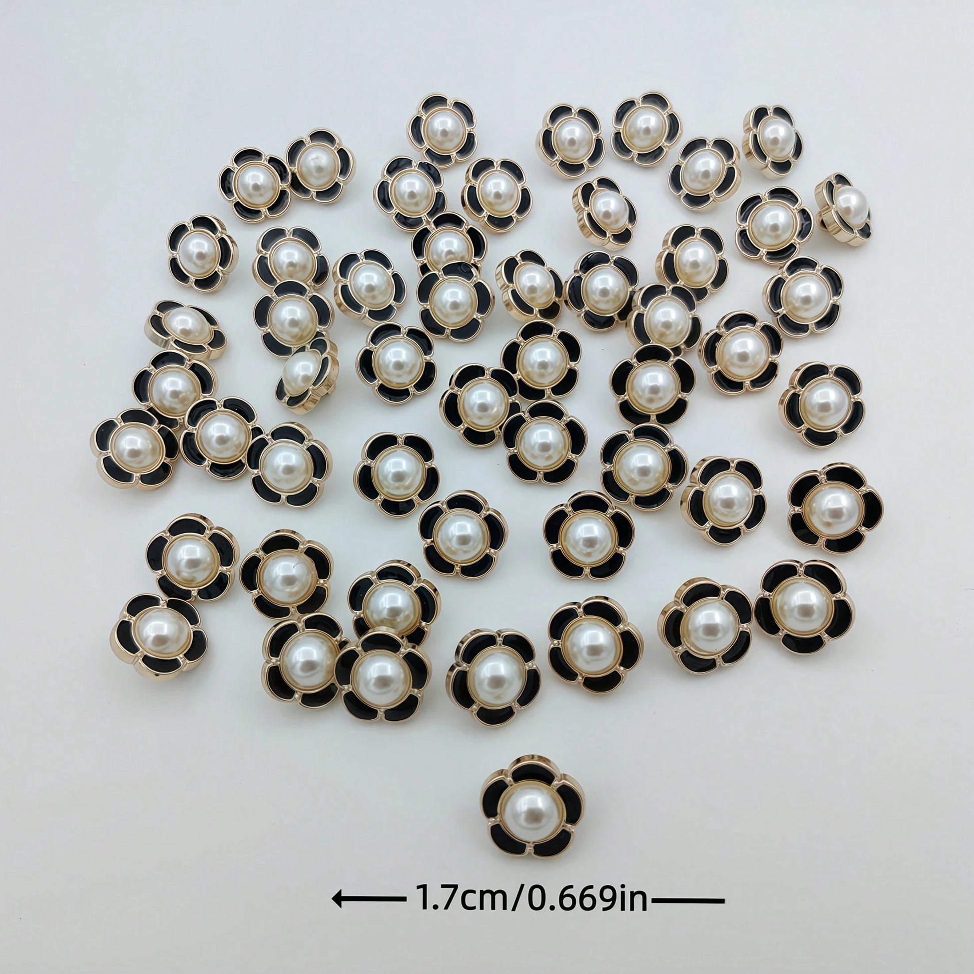15pcs/1.7cm Fashion Personalized Minimalist Round Plastic Luxury Buttons Faux Pearl Flower Buttons European And American Style High-End Vintage Black Gold Buttons Handmade Sewing High-Quality Versatil