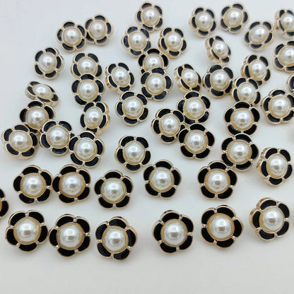 15pcs/1.7cm Fashion Personalized Minimalist Round Plastic Luxury Buttons Faux Pearl Flower Buttons European And American Style High-End Vintage Black Gold Buttons Handmade Sewing High-Quality Versatil
