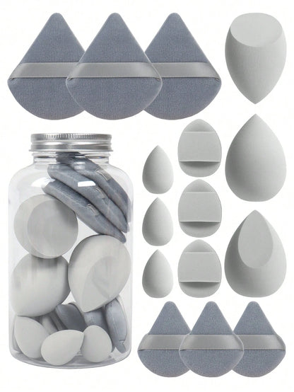 15pcs Makeup Sponges With Storage Case, 3pcs Makeup Sponge Sponge & 3pcs Mini Makeup Sponge Sponge & 3pcs Loose Powder Puff & 3pcs Mini Loose Powder Puff & 3pcs Mini Finger Air Cushion Puff. Mixed Bea