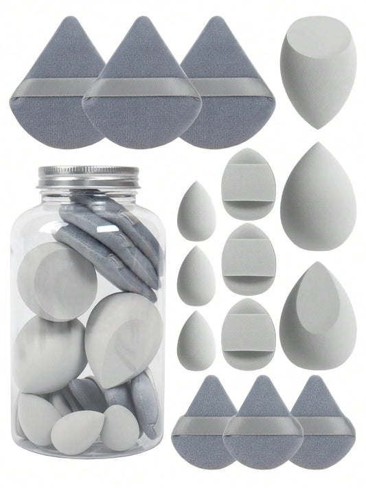 15pcs Makeup Sponges With Storage Case, 3pcs Makeup Sponge Sponge & 3pcs Mini Makeup Sponge Sponge & 3pcs Loose Powder Puff & 3pcs Mini Loose Powder Puff & 3pcs Mini Finger Air Cushion Puff. Mixed Bea