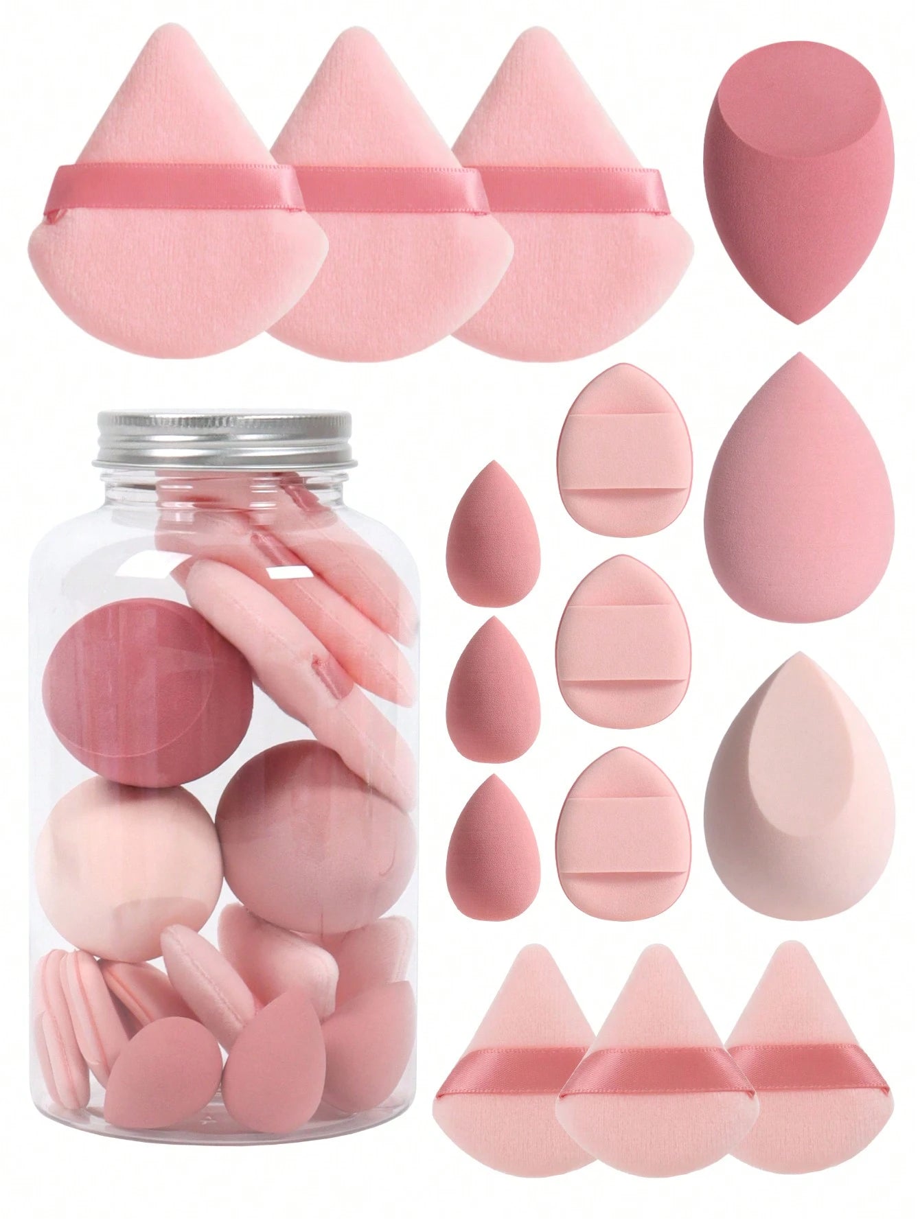 15pcs Makeup Sponges With Storage Case, 3pcs Makeup Sponge Sponge & 3pcs Mini Makeup Sponge Sponge & 3pcs Loose Powder Puff & 3pcs Mini Loose Powder Puff & 3pcs Mini Finger Air Cushion Puff. Mixed Bea