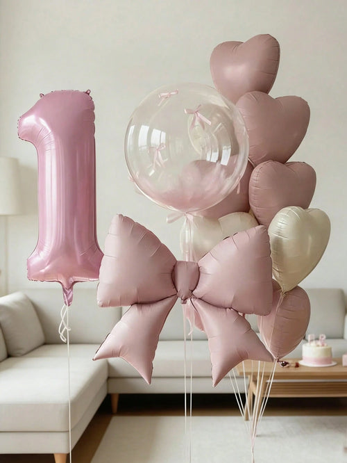 15pcs Pink Birthday Party Decorations, 40-Inch Pink Number 0-9 Foil Balloons, 18-Inch Clear Bubble Balloons, Matte Pink Bow Balloons, 18-Inch Pink & Cream Heart Balloons, Suitable For Birthday Party
