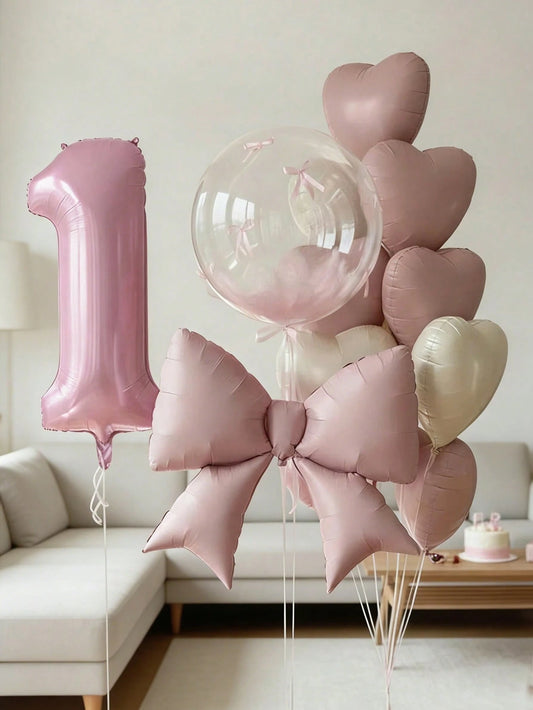 15pcs Pink Birthday Party Decorations, 40-Inch Pink Number 0-9 Foil Balloons, 18-Inch Clear Bubble Balloons, Matte Pink Bow Balloons, 18-Inch Pink & Cream Heart Balloons, Suitable For Birthday Party