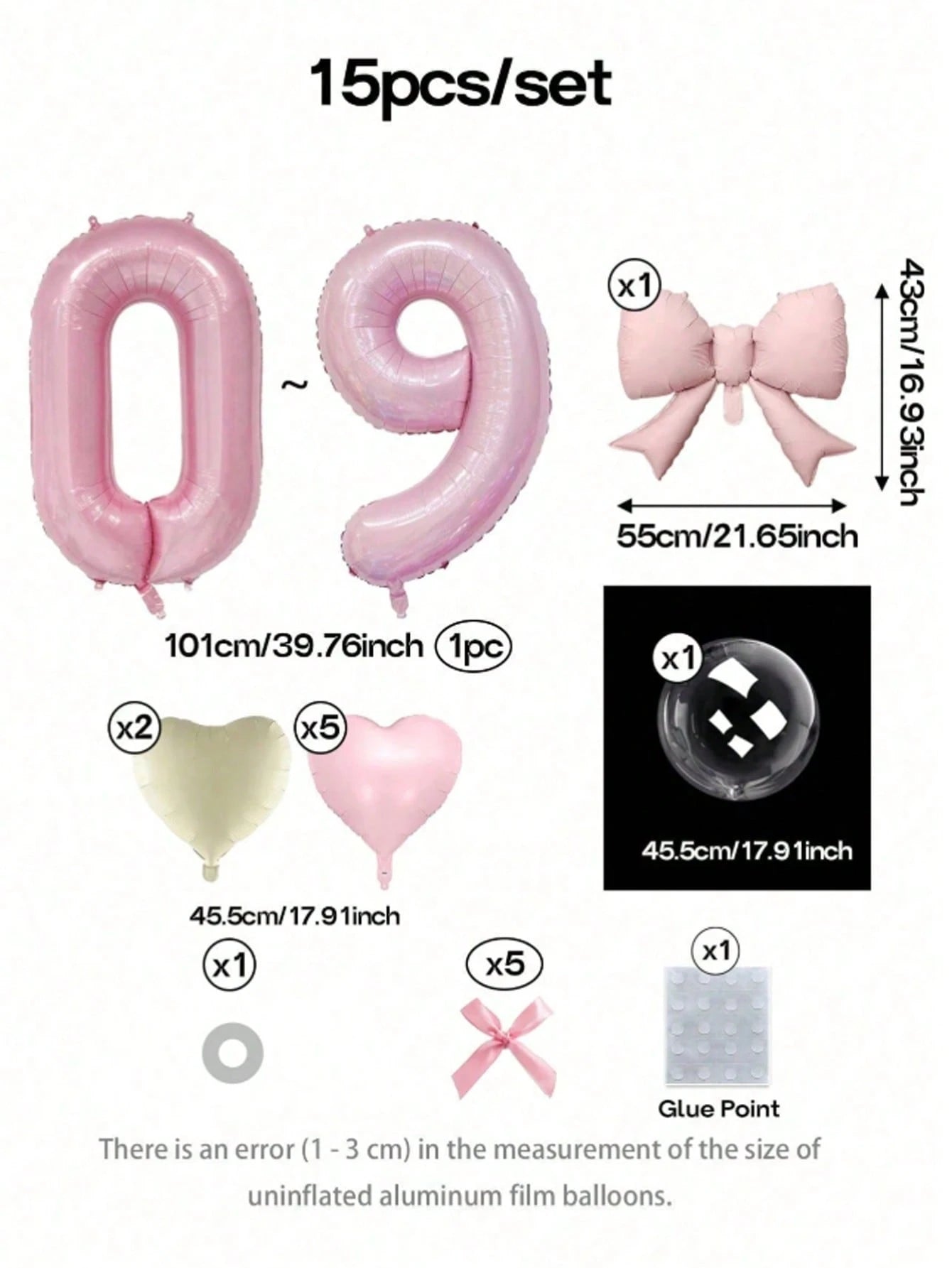 15pcs Pink Birthday Party Decorations, 40-Inch Pink Number 0-9 Foil Balloons, 18-Inch Clear Bubble Balloons, Matte Pink Bow Balloons, 18-Inch Pink & Cream Heart Balloons, Suitable For Birthday Party