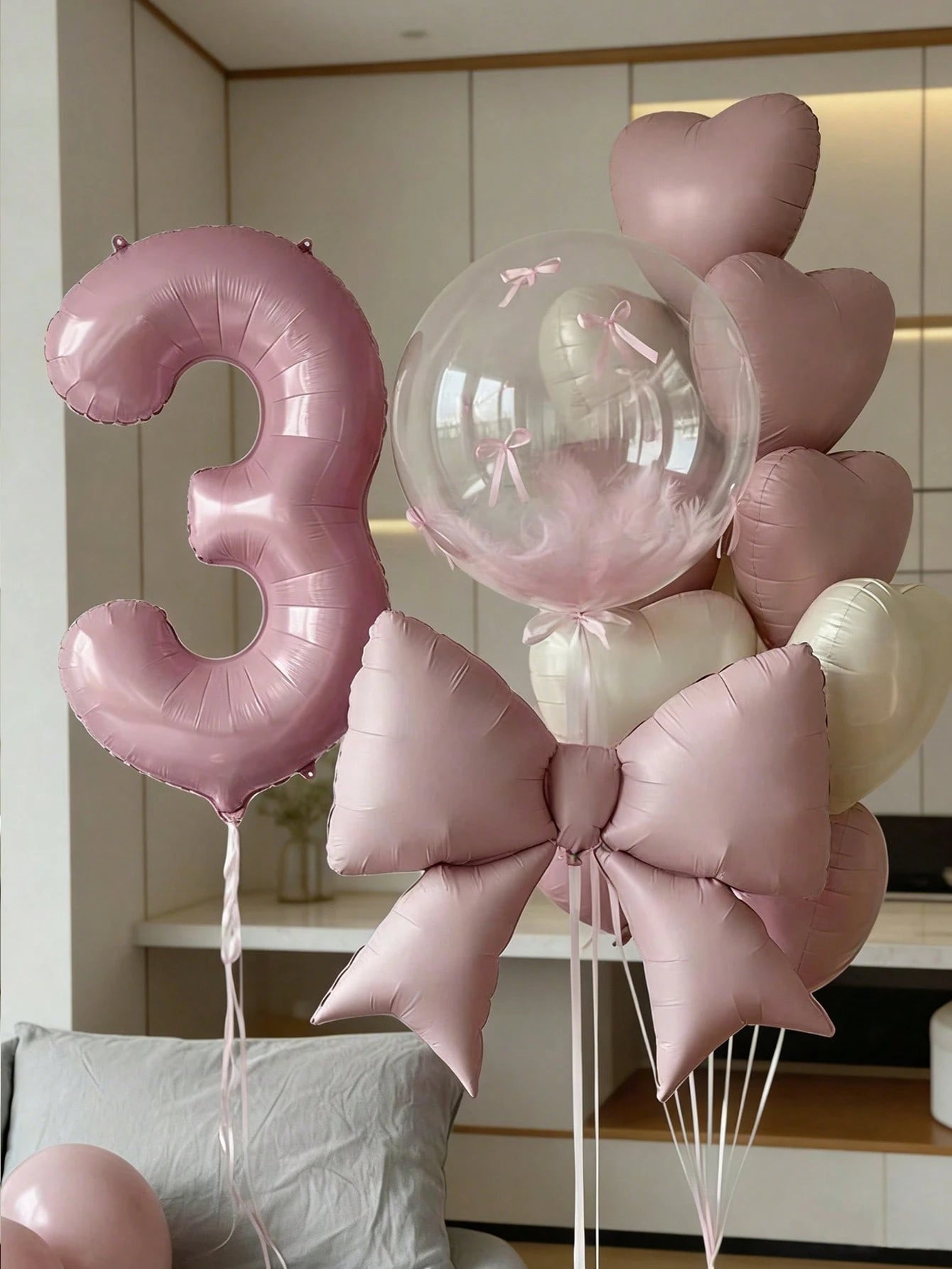 15pcs Pink Birthday Party Decorations, 40-Inch Pink Number 0-9 Foil Balloons, 18-Inch Clear Bubble Balloons, Matte Pink Bow Balloons, 18-Inch Pink & Cream Heart Balloons, Suitable For Birthday Party