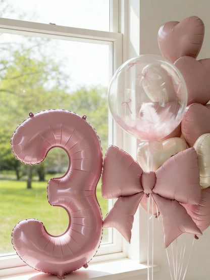15pcs Pink Birthday Party Decorations, 40-Inch Pink Number 0-9 Foil Balloons, 18-Inch Clear Bubble Balloons, Matte Pink Bow Balloons, 18-Inch Pink & Cream Heart Balloons, Suitable For Birthday Party