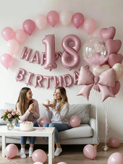 15pcs Pink Birthday Party Decorations, 40-Inch Pink Number 0-9 Foil Balloons, 18-Inch Clear Bubble Balloons, Matte Pink Bow Balloons, 18-Inch Pink & Cream Heart Balloons, Suitable For Birthday Party