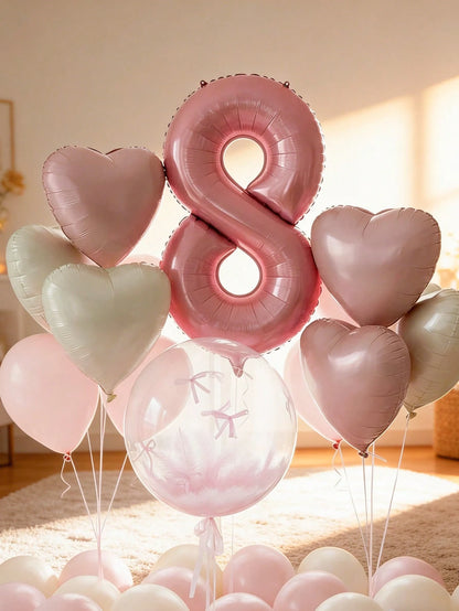 15pcs Pink Birthday Party Decorations, 40-Inch Pink Number 0-9 Foil Balloons, 18-Inch Clear Bubble Balloons, Matte Pink Bow Balloons, 18-Inch Pink & Cream Heart Balloons, Suitable For Birthday Party