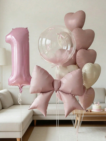 15pcs Pink Birthday Party Decorations, 40-Inch Pink Number 0-9 Foil Balloons, 18-Inch Clear Bubble Balloons, Matte Pink Bow Balloons, 18-Inch Pink & Cream Heart Balloons, Suitable For Birthday Party