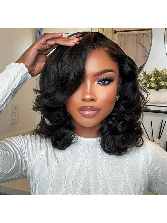16 Inch Body Wave Bob Wig For Women- Natural Black, 180% Density, 13x6 HD Lace Front, Pre-Plucked Human Hair, Versatile Styling With Choker Necklace