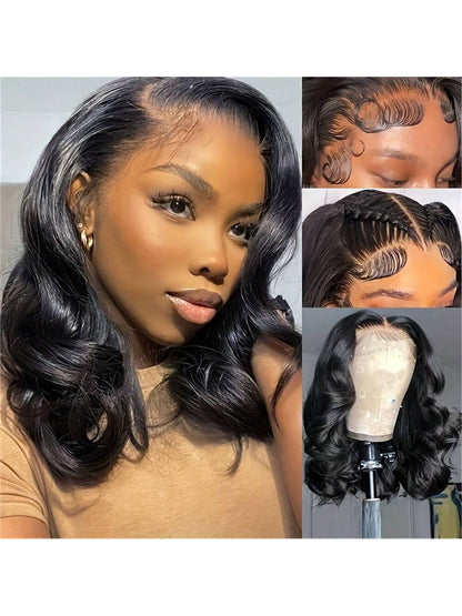 16 Inch Body Wave Bob Wig For Women- Natural Black, 180% Density, 13x6 HD Lace Front, Pre-Plucked Human Hair, Versatile Styling With Choker Necklace