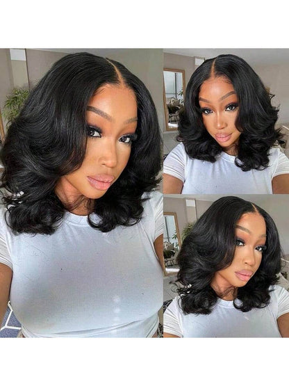 16 Inch Body Wave Bob Wig For Women- Natural Black, 180% Density, 13x6 HD Lace Front, Pre-Plucked Human Hair, Versatile Styling With Choker Necklace
