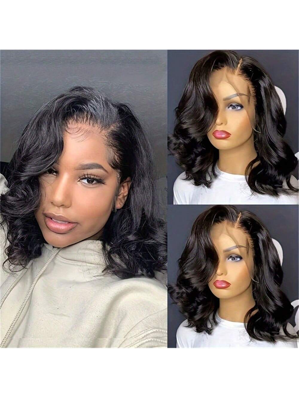 16 Inch Body Wave Bob Wig For Women- Natural Black, 180% Density, 13x6 HD Lace Front, Pre-Plucked Human Hair, Versatile Styling With Choker Necklace