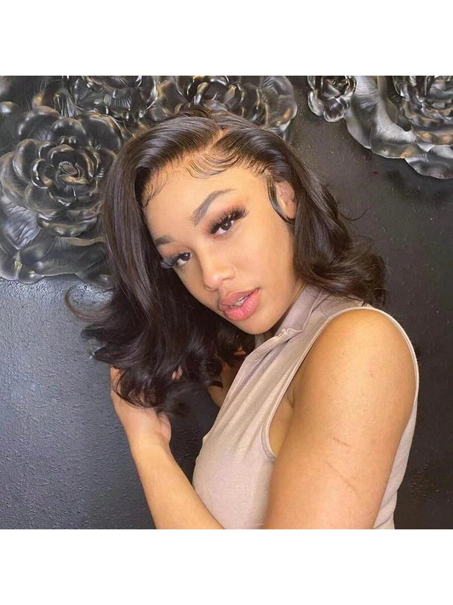 16 Inch Body Wave Bob Wig For Women- Natural Black, 180% Density, 13x6 HD Lace Front, Pre-Plucked Human Hair, Versatile Styling With Choker Necklace